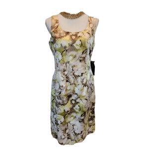 NWT Jones New York Sleeveless Shiny Sheath Watercolor Green Taupe Dress 10